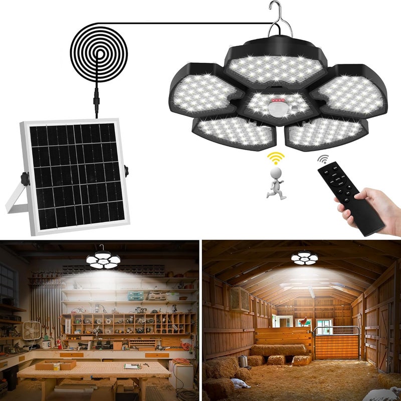 T-SUN Solar Shed Lights Indoor Outdoor Upgrade 5 and 1 Heads Solar Powered Motion Sensor Pandent Lights with 5 Modes Remote Control Security Lamp Waterproof for Garage Barn Gazebo Courtyard Balcony - Image 1